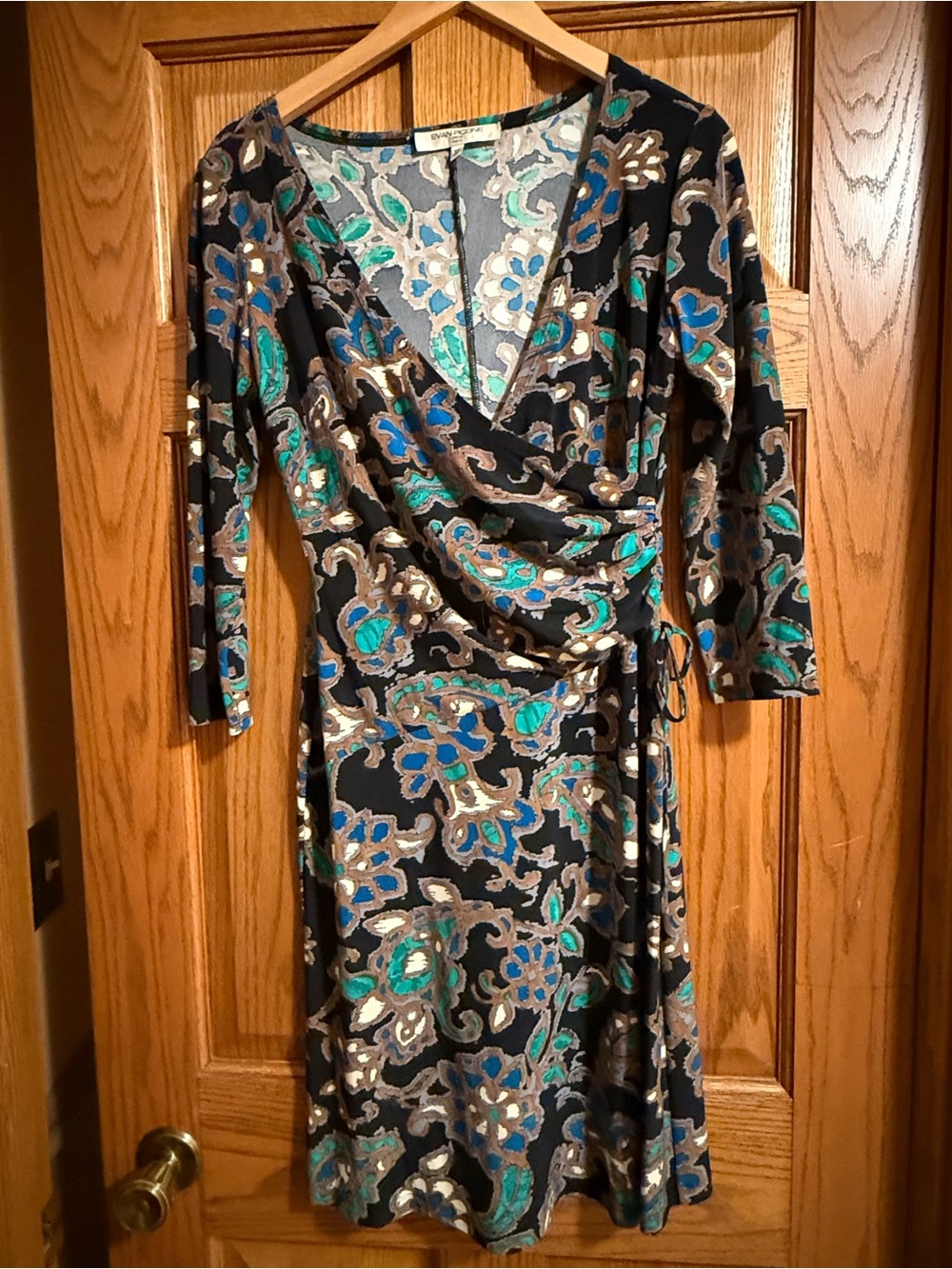 Evan Picone Black Wrap Dress with Teal, Blue and White Floral Accents - size 8 P
